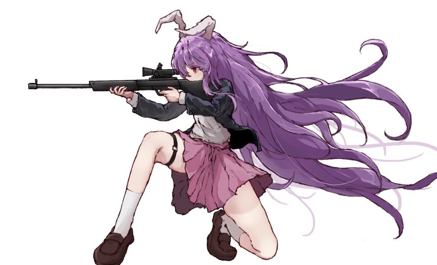 1girl animal_ears black_jacket blazer commentary garter_straps gun jacket long_hair long_sleeves looking_through_scope myui17901139 pink_skirt purple_hair rabbit_ears red_eyes reisen_udongein_inaba rifle scope shirt shoes simple_background single_garter_strap skirt sniper_rifle socks solo thighs touhou very_long_hair weapon white_background white_shirt white_socks