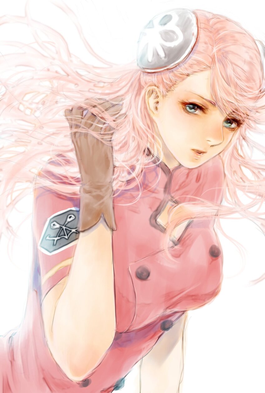 1girl aida_rayhunton breasts gloves green_eyes gundam gundam_g_no_reconguista hair_ornament hairpods highres long_hair looking_at_viewer parted_lips pink_hair shirt short_sleeves simple_background solo takeda_yuuko upper_body white_background