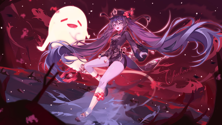 1girl absurdres boo_tao_(genshin_impact) brown_hair brown_hat brown_jacket brown_shoes brown_shorts fang flower flower-shaped_pupils genshin_impact ghost hair_between_eyes hat hat_flower highres hu_tao_(genshin_impact) jacket kao_(phornthep) long_hair long_sleeves open_mouth outdoors red_flower red_sky shoes shorts skin_fang sky smile socks solo standing standing_on_one_leg symbol-shaped_pupils tassel twintails very_long_hair white_socks