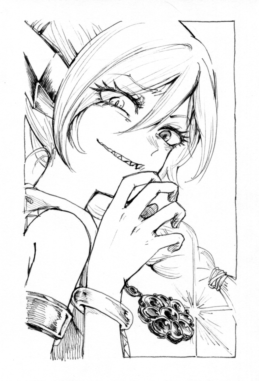 1girl armlet bracelet braid commentary_request dragon_quest dragon_quest_xi evil_grin evil_smile grin hatching_(texture) highres inktober jewelry looking_down looking_to_the_side maya_(dq11) mnnem monochrome monster_girl necklace pointy_ears sharp_teeth single_braid slit_pupils smile solo teeth traditional_media upper_body vest