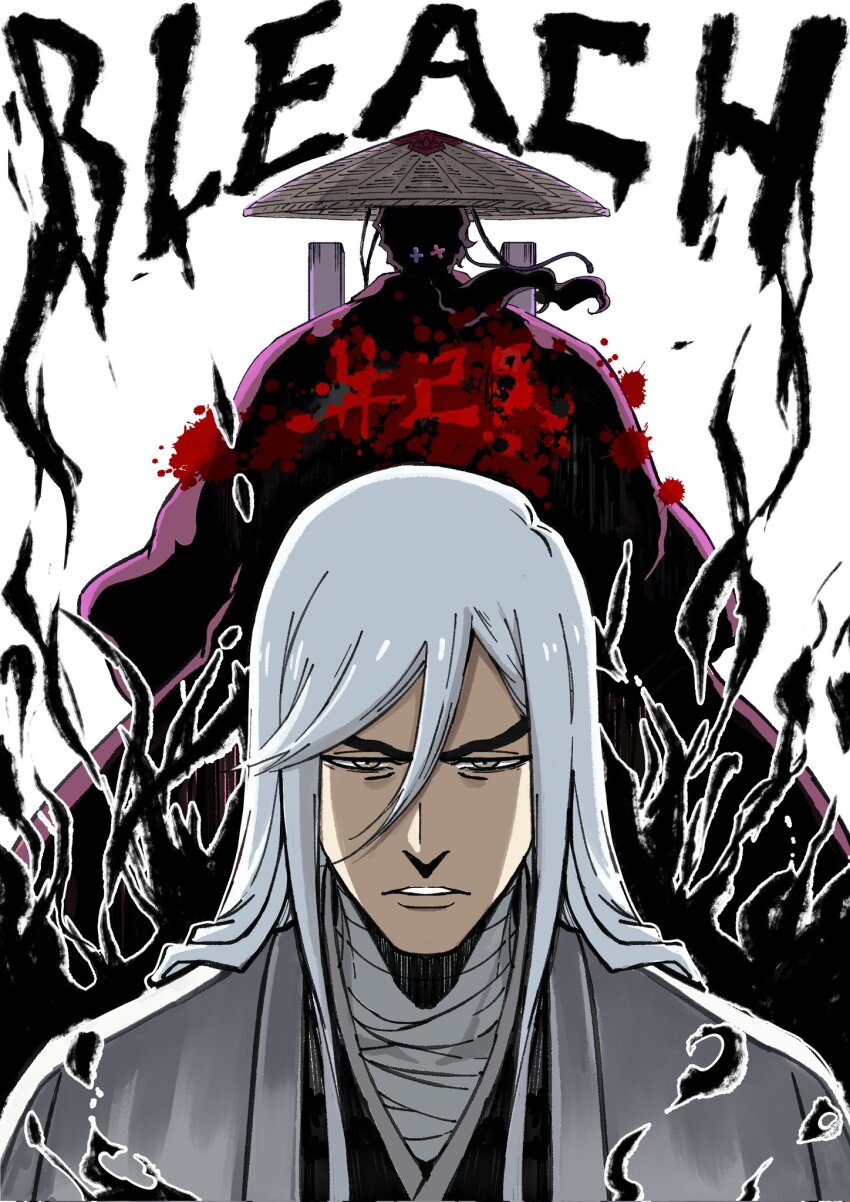 2boys ajirogasa back-to-back bandaged_neck bandages bleach bleach:_sennen_kessen-hen brown_eyes close-up commentary_request copyright_name corrupted_twitter_file floating_hair hair_ornament half-closed_eyes haori hat highres japanese_clothes kanzashi kimono kyouraku_shunsui long_hair long_sleeves looking_at_viewer low_ponytail male_focus multiple_boys parted_lips pink_kimono ponytail serious shadow shaolong simple_background straw_hat taichou_haori ukitake_juushirou white_background white_hair wide_sleeves yellow_eyes