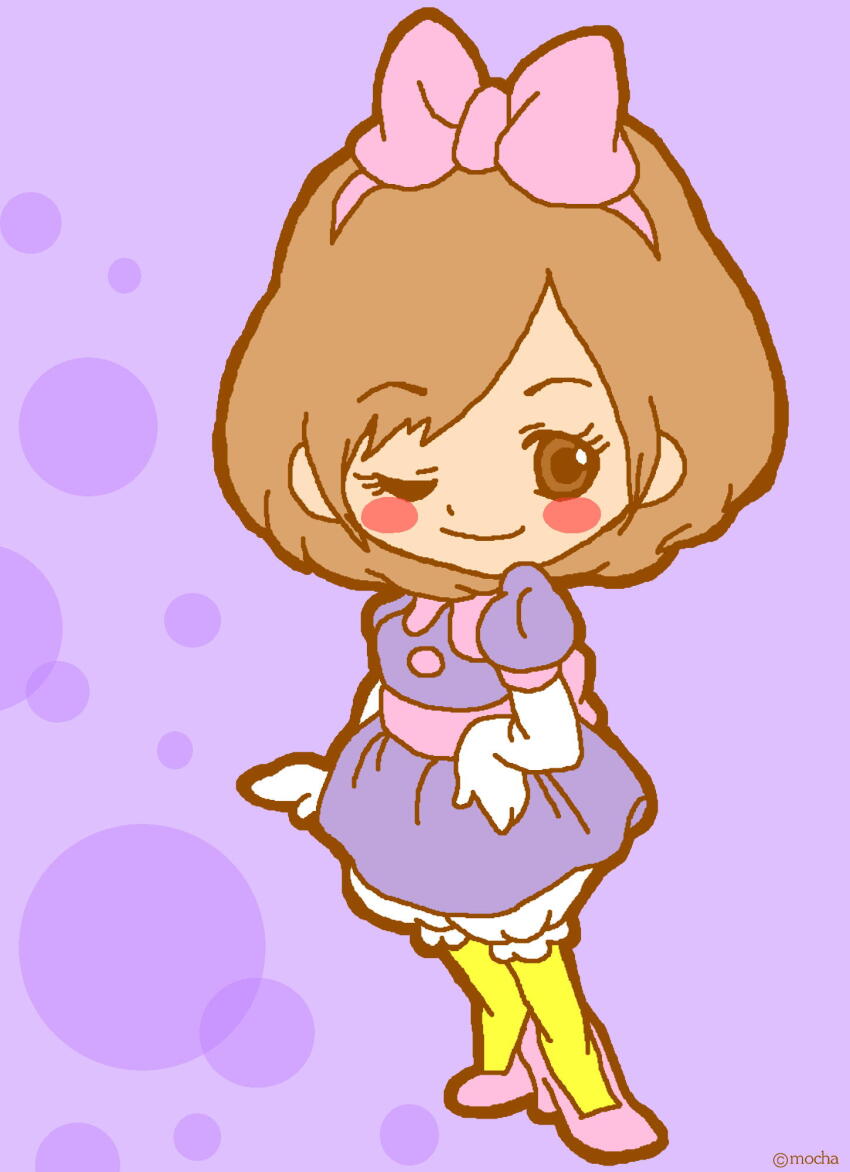 1girl animification bow brown_hair chibi daisy_duck disney gloves hair_bow highres humanization kunou0711 long_eyelashes looking_at_viewer mickey_mouse_&amp;_friends pantyhose puffy_sleeves shirt short_hair short_sleeves smile solo yellow_pantyhose