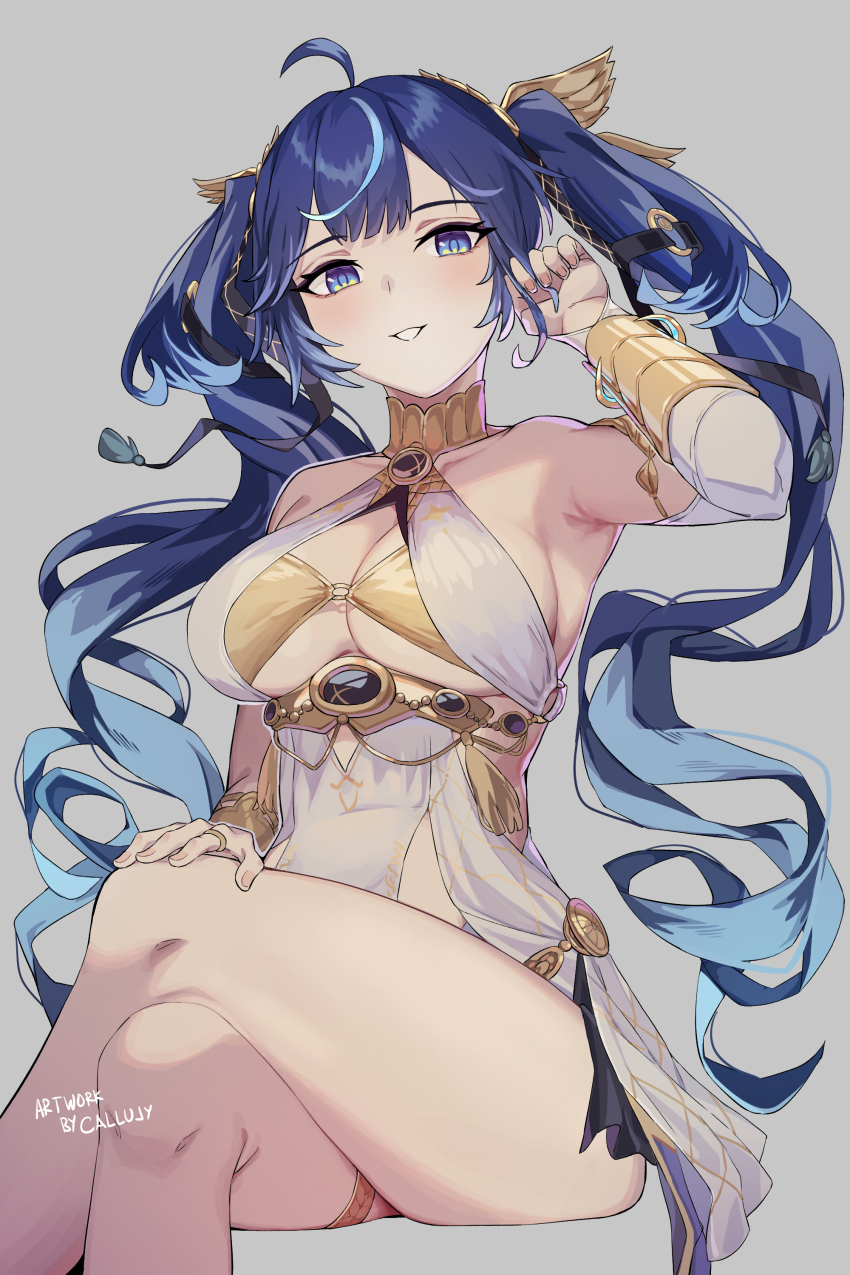 1girl absurdres ahoge ancient_greek_clothes bare_shoulders blue_eyes blue_hair blush breasts callu_jy cleavage commentary crossed_legs english_commentary gold_bra greco-roman_clothes grey_background hair_belt hair_ornament hand_on_own_knee hand_up head_wreath highres invisible_chair iuno_(wuthering_waves) jewelry long_hair looking_at_viewer parted_lips sitting smile solo thighlet thighs twintails very_long_hair wuthering_waves