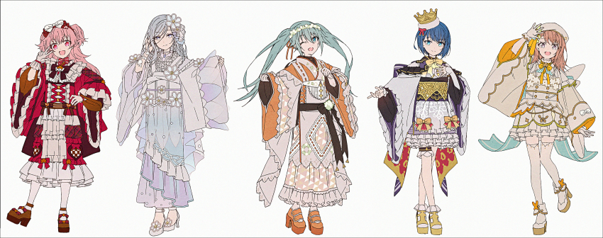 5girls :d ;d adapted_costume arm_up beret blue_eyes blue_hair bow braid braided_bangs brown_bow brown_dress brown_hair brown_shoes closed_mouth color_of_myself!_(project_sekai) crossed_legs crown dress frilled_dress frilled_sleeves frills ganbaru_anata_ni_break_time!_(project_sekai) gloves green_hair grey_background grey_dress grey_gloves grey_hair grey_hat grey_kimono grey_thighhighs haikei_ano_koro_no_watashi_e_(project_sekai) hair_between_eyes hair_ribbon hakusai_(tiahszld) hanasato_minori hand_on_own_hip hand_up hands_up hat hatsune_miku high_heels highres himitsu_no_valentine_daisakusen!_(project_sekai) hinomori_shizuku japanese_clothes kimono kiritani_haruka long_hair long_sleeves mini_crown momoi_airi more_more_jump!_(project_sekai) more_more_jump!_miku multiple_girls one_eye_closed open_mouth orange_bow orange_kimono orange_ribbon orange_shoes pantyhose pinching_sleeves pink_hair project_sekai purple_eyes red_eyes red_kimono revision ribbon ribbon_trim shoes short_hair simple_background sleeves_past_wrists smile standing standing_on_one_leg swept_bangs thighhighs tilted_headwear twintails two_side_up v very_long_hair vocaloid white_dress white_pantyhose white_shoes wide_sleeves