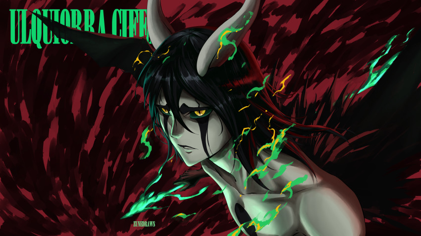 1boy absurdres artist_name black_hair bleach character_name colored_skin demon_boy espada facial_mark green_eyes hair_between_eyes highres hole_in_chest hole_on_body horns long_hair male_focus simple_background skinny solo topless_male ulquiorra_cifer white_skin yellow_eyes zunedraws