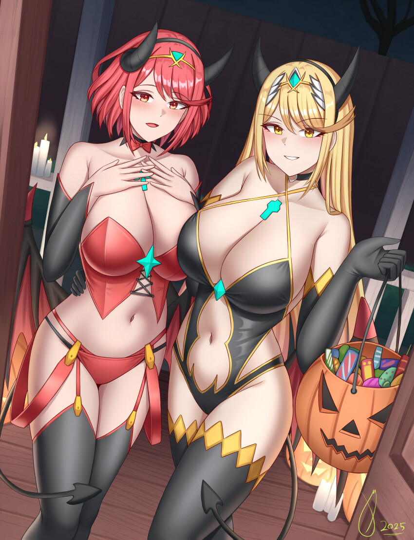 2girls absurdres black_horns black_leotard blonde_hair blush breasts candy chest_jewel core_crystal_(xenoblade) cowboy_shot demon_girl demon_horns demon_wings eyelashes food ghonky halloween halloween_bucket highres horns indoors large_breasts leotard long_hair low_wings multiple_girls mythra_(xenoblade) open_door panties pyra_(xenoblade) red_eyes red_hair red_panties red_vest short_hair tiara underwear vest wings xenoblade_chronicles_(series) xenoblade_chronicles_2 yellow_eyes