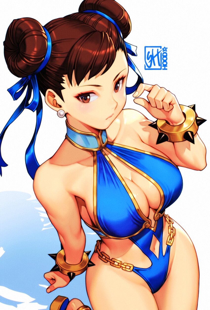 1girl :/ artist_logo bare_shoulders blue_one-piece_swimsuit blue_ribbon blush bracelet breasts brown_eyes brown_hair capcom casual_one-piece_swimsuit chain chun-li cleavage closed_mouth clothing_cutout commentary diamond_cutout donut_hair_bun double_bun earrings gold_trim hair_bun hair_ribbon hand_up highres jewelry large_breasts logo looking_at_viewer navel navel_cutout one-piece_swimsuit pinching_gesture ribbon skaggshood solo sphere_earrings spiked_bracelet spikes street_fighter street_fighter_6 swimsuit
