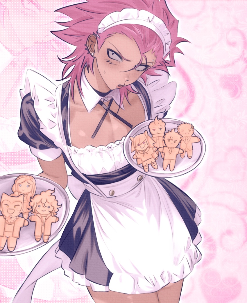 1boy :o absurdres alternate_costume apron black_dress blush character_cookie collarbone cookie cowboy_shot danganronpa_(series) danganronpa_2:_goodbye_despair dark-skinned_male dark_skin dress earrings enmaided food highres hinata_hajime holding holding_tray jewelry komaeda_nagito kuzuryu_fuyuhiko maid maid_apron maid_headdress male_focus medium_hair mioda_ibuki nidai_nekomaru pink_hair short_sleeves soda_kazuichi solo sonia_nevermind tanaka_gundham tray veggiemist white_apron zoom_layer