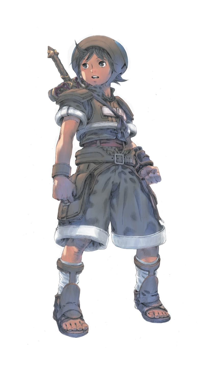 1boy absurdres belt belt_pouch black_eyes black_hair brave_story brave_story:_aratanaru_tabibito clenched_hand clenched_hands crop_top feet hat highres male_focus official_art open_mouth pouch sandals shorts simple_background socks solo sword tatsuya weapon wristband yasuda_akira
