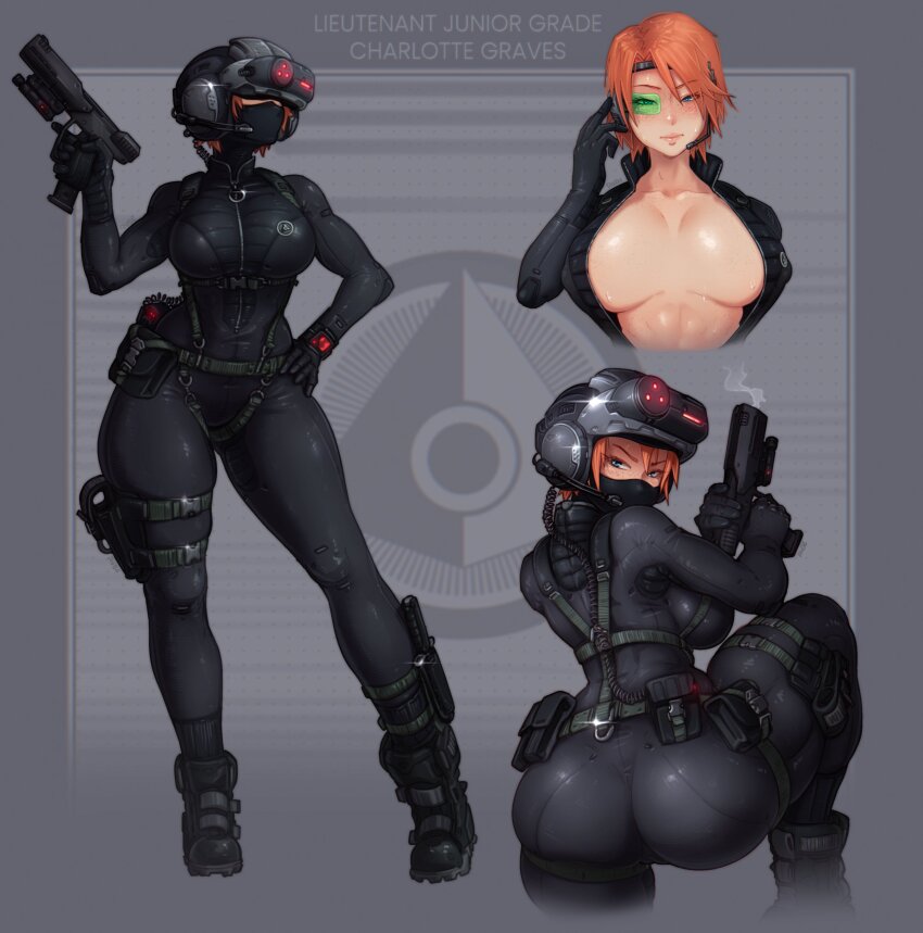 1girl absurdres ass black_bodysuit bodysuit breasts catsuit charlotte_graves_(madis259) commentary commission english_commentary gun halo_(series) handgun harness head-mounted_display highres holster huge_ass justrube large_breasts orange_hair original short_hair simple_background skin_tight smoke smoking_barrel solo thigh_holster unzipped weapon