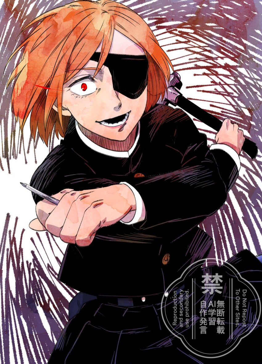 1girl black_jacket black_skirt crossed_arms crosshatching dual_wielding eyepatch fighting_stance glowing glowing_eye hammer hatching_(texture) highres holding holding_hammer holding_nail ikuhashi_muiko jacket jujutsu_kaisen jujutsu_tech_uniform kugisaki_nobara long_sleeves looking_at_viewer nail nail_(hardware) open_mouth orange_hair parted_bangs red_eyes short_hair skirt smile solo