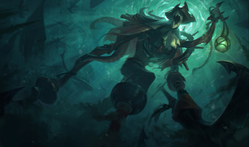 1other ascot chain fiddle_me_timbers fiddlesticks gun hat highres horror_(theme) jeremy_anninos league_of_legends monster musket official_alternate_costume official_art pirate_hat scarecrow solo tentacles tricorne underwater weapon white_ascot