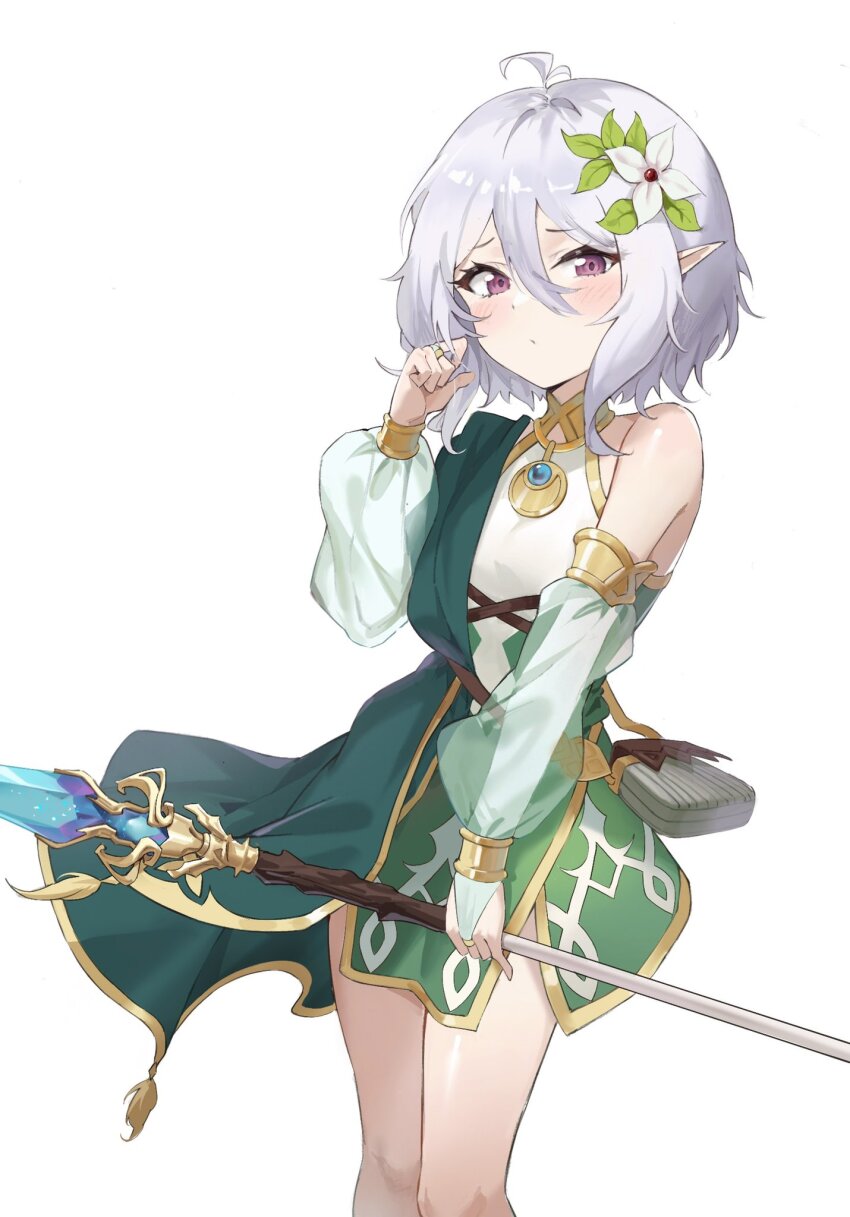 1girl antenna_hair belt_pouch bridal_gauntlets closed_mouth commentary_request dot_mouth dress elf flower green_bridal_gauntlets green_dress hair_between_eyes hair_flower hair_ornament hand_in_own_hair highres holding holding_staff kitk_qun kokkoro_(princess_connect!) looking_at_viewer pointy_ears pouch princess_connect! purple_eyes short_hair simple_background single_bare_shoulder sleeveless sleeveless_dress solo staff standing white_hair