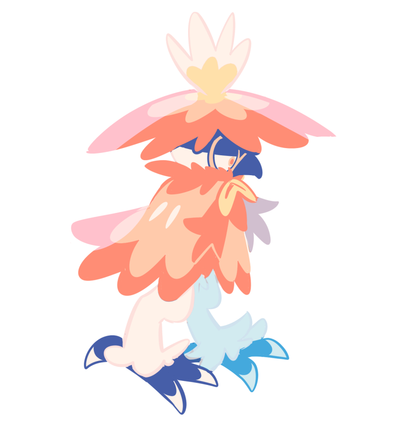 closed_mouth commentary_request from_side full_body gogeyama highres hisuian_decidueye nintendo no_humans orange_pupils pokemon pokemon_(creature) pokemon_focus simple_background solo standing talons white_background yellow_eyes