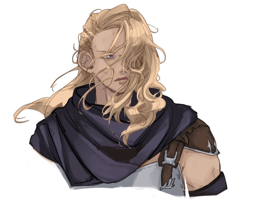 1boy armor black_cloak blonde_hair braid breastplate cloak cristiana-ng-p-y durante_(ff14) expressionless final_fantasy final_fantasy_xiv golbez long_hair looking_to_the_side male_focus one_eye_covered portrait purple_eyes shoulder_armor side_braid simple_background solo white_background
