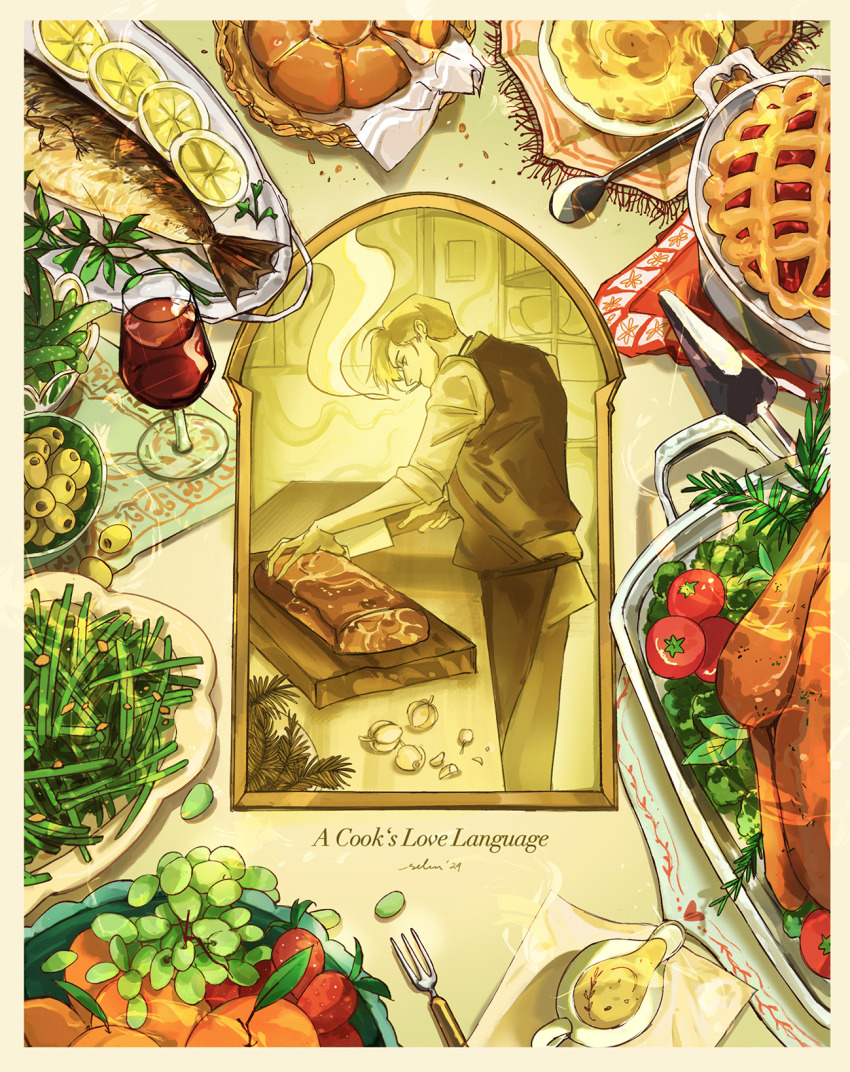 1boy avenoirn blonde_hair chef chicken_(food) cigarette cooking cup drinking_glass english_text fish_(food) food fork fruit garlic grapes highres holding holding_knife kitchen_knife knife lemon lemon_slice male_focus meat olive one_piece peach pickle pie plate profile rosemary_(herb) salad sanji_(one_piece) saucer shirt short_hair smile smoking spoon strawberry tomato tray white_shirt wine_glass