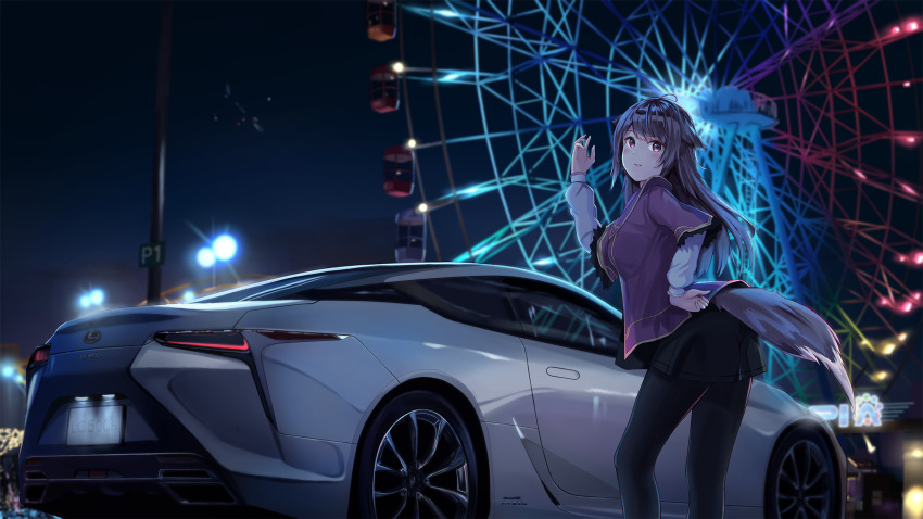 1girl aircraft airplane black_pantyhose black_skirt blush car commentary_request ferris_wheel fox_tail highres jet_airliner lamppost layered_sleeves lexus lexus_lc lexus_lc500 license_plate long_hair long_sleeves looking_back motor_vehicle night night_sky original outdoors pantyhose png_pant_(bus) purple_eyes purple_hair short_over_long_sleeves short_sleeves skirt sky solo tail vehicle_focus
