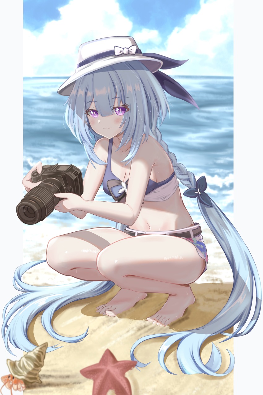 1girl absurdres beach bikini bikini_top_only blue_bikini blue_hair braid camera closed_mouth commentary denim denim_shorts full_body griseo hat hermit_crab highres holding holding_camera honkai_(series) honkai_impact_3rd light_blue_hair long_hair looking_at_viewer ocean official_alternate_costume purple_eyes sand shorts solo squatting starfish swimsuit tsuroro twin_braids very_long_hair white_hat