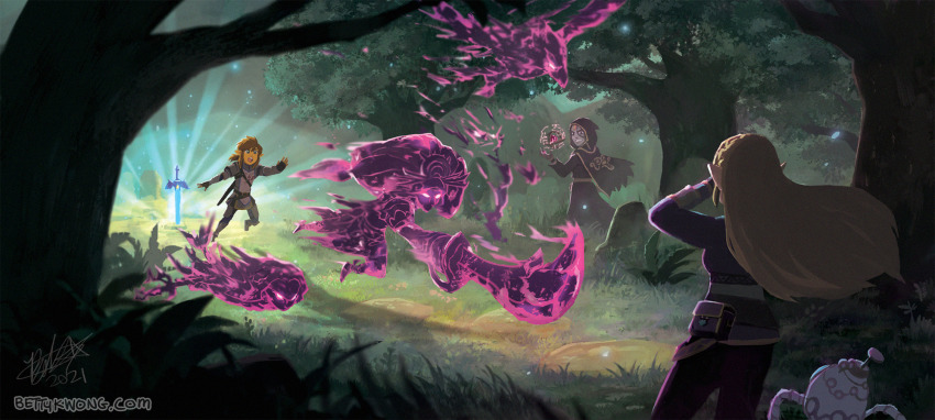 3girls 4boys astor_(hyrule_warriors) bettykwong cape daruk forest ghost glowing glowing_eyes highres hyrule_warriors:_age_of_calamity link master_sword mipha multiple_boys multiple_girls nature nintendo polearm princess_zelda revali robe spoilers sword terrako the_legend_of_zelda the_legend_of_zelda:_breath_of_the_wild trident urbosa weapon