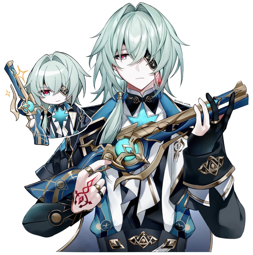 1boy anaxa_(honkai:_star_rail) blue_eyes chibi chibi_inset closed_mouth collared_jacket commentary_request eyepatch gloves green_hair gun hair_between_eyes hair_intakes hair_over_shoulder hand_tattoo highres holding holding_gun holding_weapon honkai:_star_rail honkai_(series) jacket jewelry light_frown long_hair long_sleeves looking_at_viewer male_focus multiple_rings nirako_mona partially_fingerless_gloves ponytail red_pupils red_tattoo ring simple_background single_glove smile solo tattoo twitter_username upper_body weapon white_background
