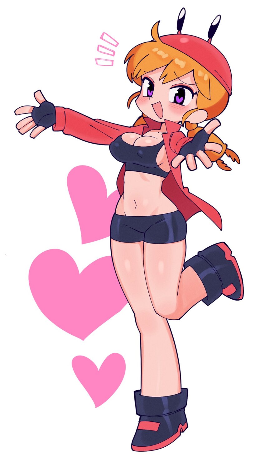 1girl :d arthropod_girl batrobin_k bike_shorts black_gloves borrowed_character breasts cleavage covered_erect_nipples crab_claw crab_girl crab_on_head fingerless_gloves gloves heart highres medium_breasts open_mouth orange_hair original purple_eyes short_shorts shorts simple_background smile sports_bra standing standing_on_one_leg twintails white_background