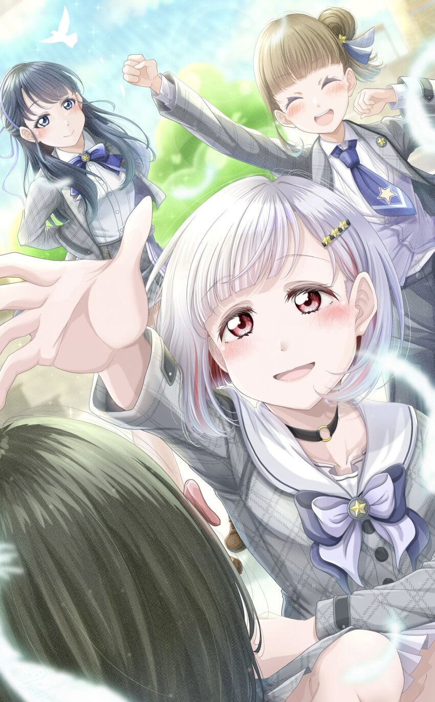 4girls :d ^_^ arm_up arms_behind_back bird black_choker black_pants blazer blue_eyes blue_hair blue_necktie blue_ribbon blunt_bangs blush brown_hair choker clenched_hand closed_eyes collarbone collared_shirt colored_inner_hair commentary_request dollchestra dress dress_shirt dutch_angle green_hair green_ribbon grey_dress grey_jacket grey_ribbon grey_skirt hair_bun hair_ornament hair_ribbon hairclip highres jacket kachimachi_kosuzu link!_like!_love_live! long_hair looking_at_another love_live! multicolored_hair multiple_girls murano_sayaka neck_ribbon necktie o-ring o-ring_choker open_clothes open_jacket open_mouth outdoors pants plaid_clothes plaid_dress plaid_jacket plaid_skirt pleated_skirt ponytail raised_fist red_eyes red_hair ribbon sailor_collar sailor_dress shirt short_hair short_ponytail side_ponytail sidelocks single_side_bun skirt smile souneko_123 squatting star_(symbol) star_hair_ornament streaked_hair virtual_youtuber white_hair white_sailor_collar white_shirt yugiri_tsuzuri