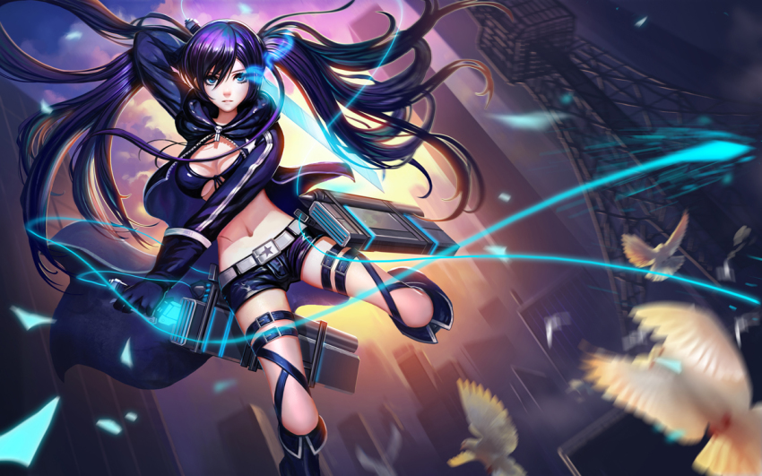 1girl aura belt bikini bikini_top_only bird black_boots black_rock_shooter black_rock_shooter_(character) black_rock_shooter_(character)_(cosplay) boots breasts city cleavage commentary_request cosplay female_focus flaming_eye knee_boots large_breasts liang_xing looking_at_viewer midair mikasa_ackerman navel scar sheath shingeki_no_kyojin short_shorts shorts solo stomach sunlight swimsuit sword three-dimensional_maneuver_gear tower weapon