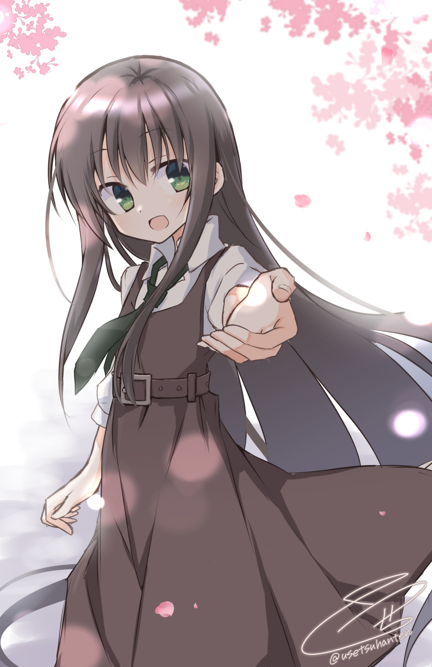 1girl :d absurdly_long_hair absurdres belt black_hair blush brown_belt brown_dress cherry_blossoms collared_shirt commentary_request dress falling_petals feet_out_of_frame floating_hair green_eyes green_necktie hair_between_eyes happy highres long_dress long_hair long_sleeves looking_at_viewer natsume_ai necktie open_mouth outstretched_arm petals pinafore_dress reaching reaching_towards_viewer sakura_no_toki sakura_no_uta shirt sidelocks signature simple_background sleeveless sleeveless_dress smile solo standing straight_hair twitter_username usetsusakon2 very_long_hair white_background white_shirt