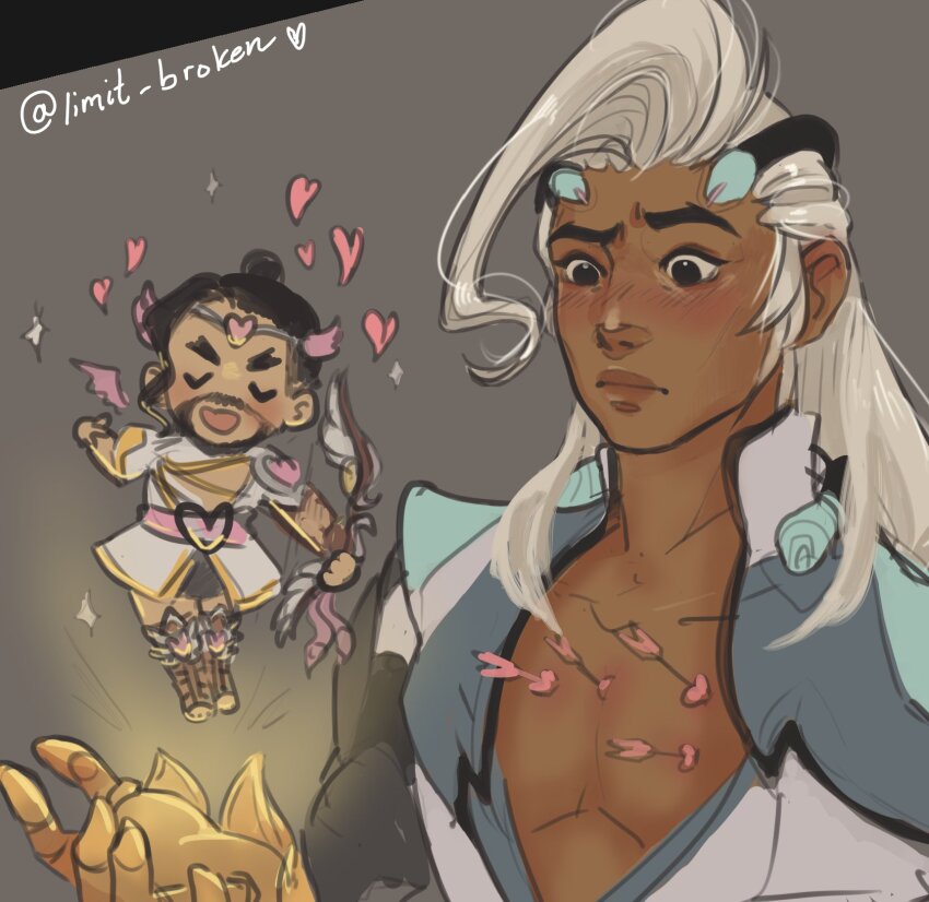 2boys arrow_(projectile) artist_name beard black_eyes black_hair blush bow_(weapon) closed_mouth commentary cupid_hanzo dark_skin english_commentary facial_hair gloves hanzo_(overwatch) heart highres holding holding_bow_(weapon) holding_weapon lifeweaver_(overwatch) limit_broken long_hair long_sleeves looking_at_another male_focus multiple_boys official_alternate_costume open_mouth overwatch overwatch_2 pectoral_cleavage pectorals raised_eyebrows simple_background twitter_username upper_body v-shaped_eyebrows weapon white_hair