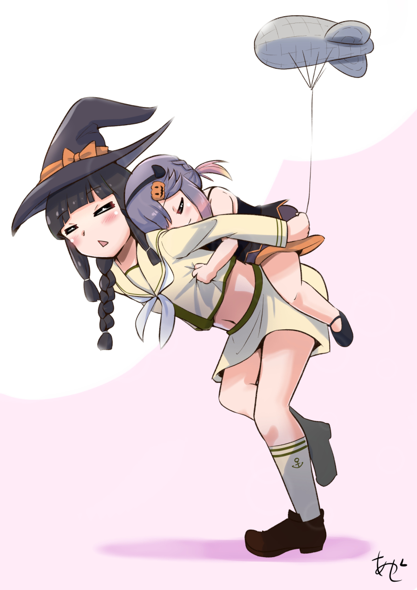 2girls =_= akashieru alternate_costume balloon black_hair black_headwear blunt_bangs braid carrying gradient_hair hair_ribbon halloween_costume hat highres holding holding_balloon kantai_collection kitakami_(kancolle) kitakami_kai_ni_(kancolle) kite_balloon long_hair low_ponytail midriff multicolored_hair multiple_girls piggyback ponytail purple_hair ribbon sailor_collar sailor_shirt school_uniform serafuku shirt short_hair sidelocks skirt tress_ribbon tsushima_(kancolle) white_shirt white_skirt witch_hat