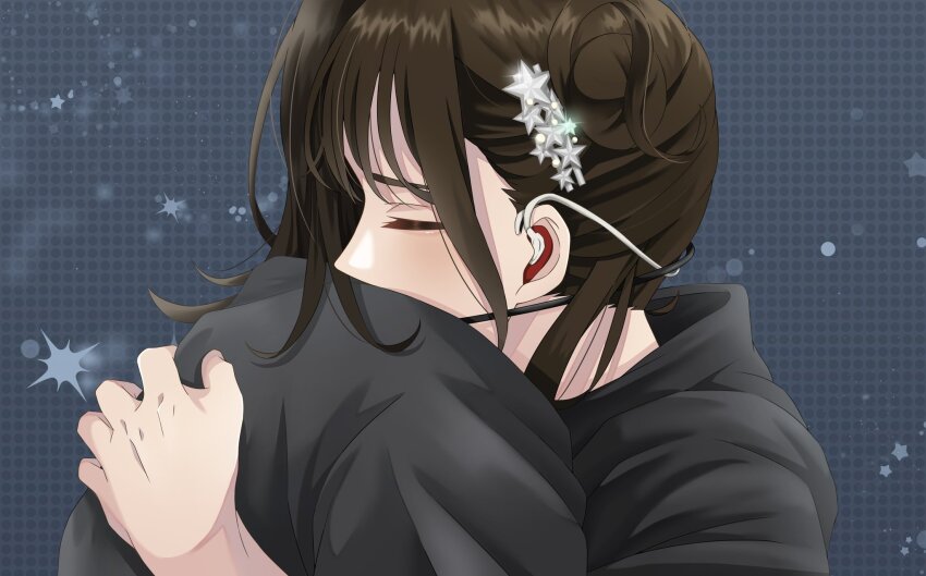 2girls black_hair blush brown_hair closed_eyes commentary_request from_side grey_background grey_hoodie hair_bun hair_ornament headset highres hood hoodie hug love_live! love_live!_superstar!! multiple_girls ookuma_wakana polka_dot polka_dot_background real_life single_side_bun star_(symbol) star_hair_ornament upper_body voice_actor wotaku_jinsei_enjoy_ikioi yabushima_akane
