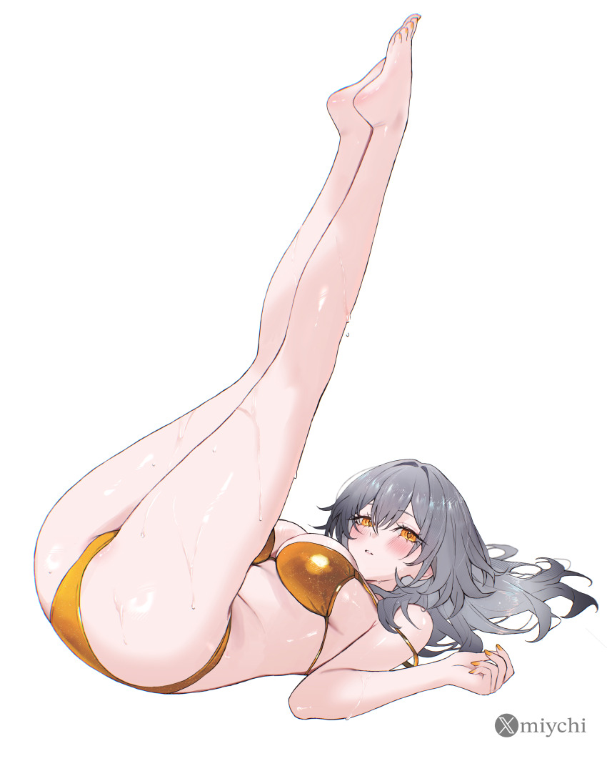 1girl absurdres alternate_costume bikini blush breasts commentary english_commentary full_body gold_bikini grey_hair hair_between_eyes highres honkai:_star_rail honkai_(series) large_breasts legs_up long_hair looking_at_viewer lying miychi on_back parted_lips simple_background solo stelle_(honkai:_star_rail) swimsuit toes trailblazer_(honkai:_star_rail) wet white_background yellow_eyes