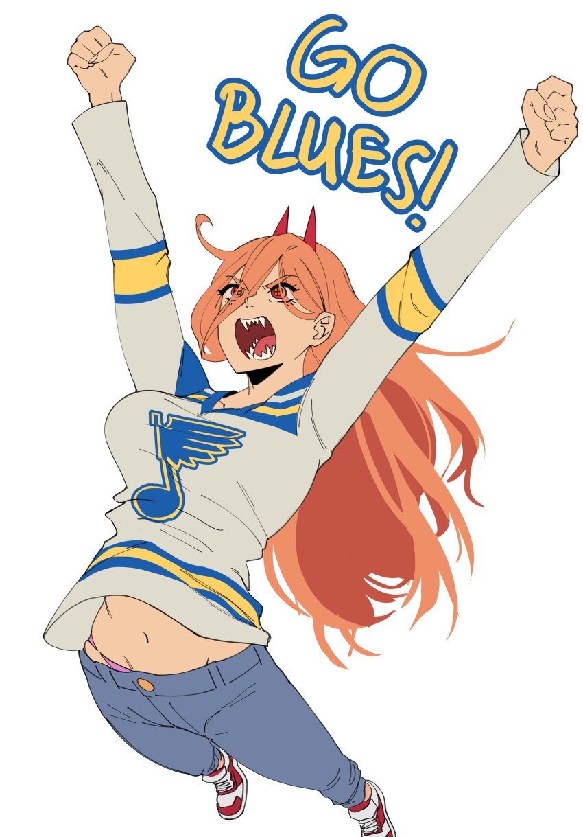 1girl absurdres arms_up breasts chainsaw_man cross-shaped_pupils eyes_visible_through_hair foreshortening highres horns jersey long_hair looking_up medium_breasts midriff national_hockey_league open_mouth orange_eyes orange_hair panties panty_peek power_(chainsaw_man) red_horns sharp_teeth simple_background solo st_louis_blues symbol-shaped_pupils teeth toronto underwear void_dot_exe white_background