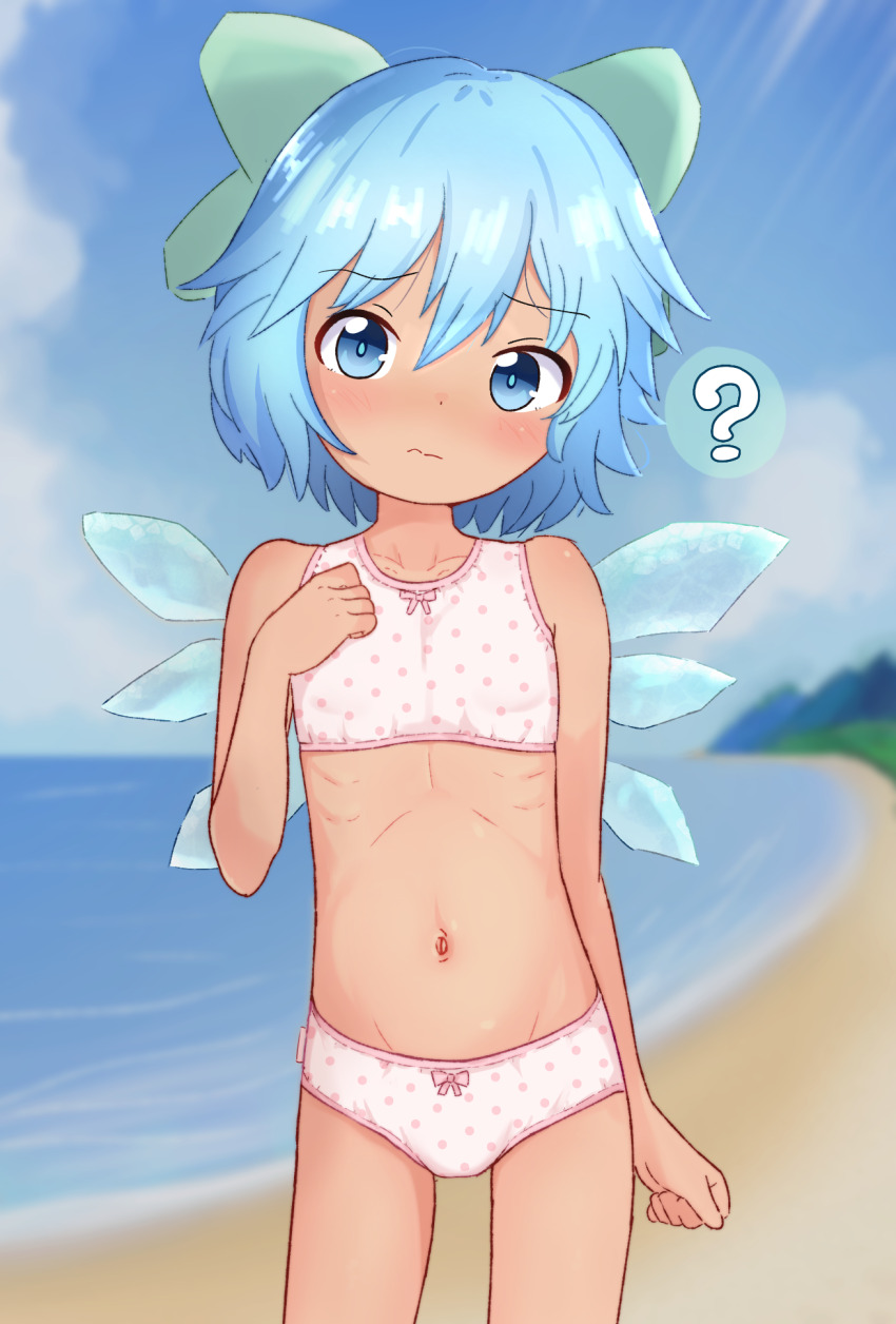 1girl ? beach blue_eyes blue_hair blue_sky bra cirno collarbone day exhibitionism flat_chest highres kommandoh loli looking_at_viewer navel outdoors panties polka_dot polka_dot_panties public_indecency ribs skinny sky stomach tan touhou training_bra underwear wings