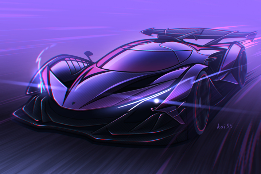 apollo_intensa_emozione artist_name black_car car glowing kai55 light_trail motion_blur motor_vehicle no_humans original purple_background purple_theme shadow spoiler_(automobile) sports_car vehicle_focus