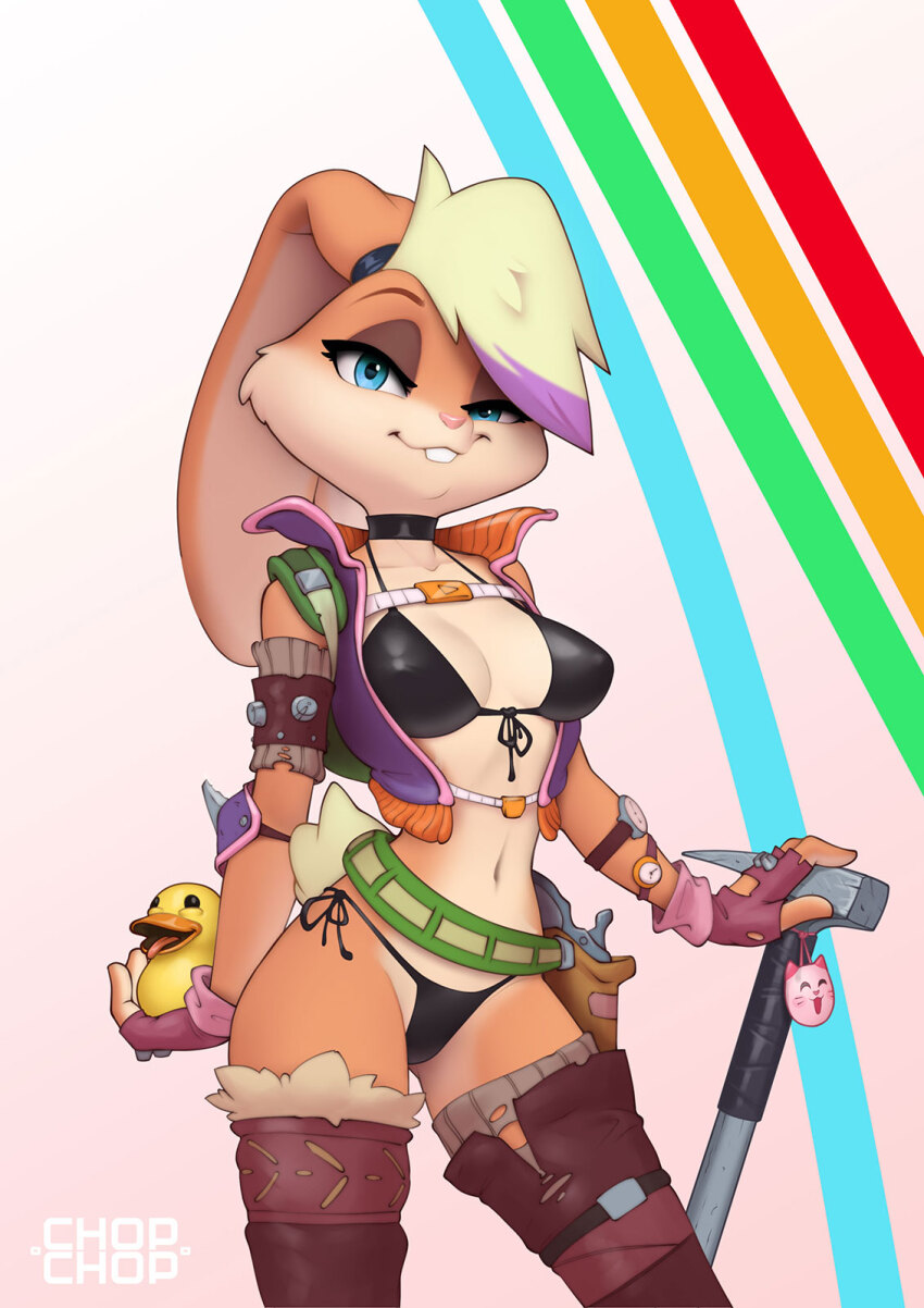 1girl animal_ears artist_logo belt bikini black_bikini breasts charm_(object) chopchop collarbone commentary cropped_jacket elbow_pads english_commentary fingerless_gloves front-tie_bikini_top front-tie_top furry furry_female gloves gun halterneck hammer handgun highres holster holstered logo lola_bunny looking_at_viewer looney_tunes navel rabbit_ears rabbit_girl rabbit_tail rubber_duck side-tie_bikini_bottom sleeveless sleeveless_jacket solo standing swimsuit tail thighhighs watch weapon wristwatch