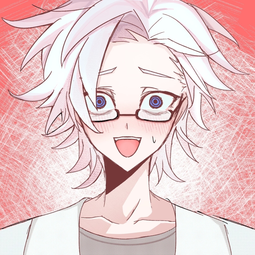 1boy 765139 black-framed_eyewear blue_eyes blush collarbone commentary_request constricted_pupils glasses grey_shirt highres jacket kanou_aogu looking_at_viewer male_focus open_clothes open_jacket open_mouth red_background ringed_eyes saibou_shinkyoku semi-rimless_eyewear shirt short_hair smile solo sweat variant_set white_hair white_jacket