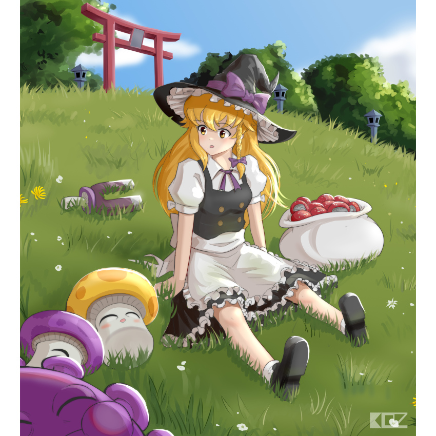 absurdres apron black_shoes black_skirt black_vest blonde_hair blue_sky bow breasts cloud edz_drawz gloom-shroom_(plants_vs_zombies) grass hat highres hill kirisame_marisa magnet-shroom_(plants_vs._zombies) mushroom open_mouth plants_vs._zombies puff-shroom_(plants_vs._zombies) purple_bow purple_ribbon ribbon sack shirt shoes skirt sky sleeping sun-shroom_(plants_vs._zombies) torii touhou vest white_shirt wide-eyed witch witch_hat yellow_eyes