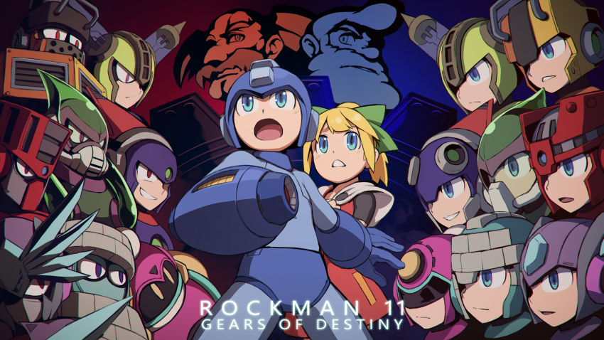 1girl 6+boys acid_man android arm_cannon beard blast_man block_man blonde_hair blue_eyes bounce_man bow capcom commentary_request copyright_name dr._light_(mega_man) dr._wily_(mega_man) facial_hair fuse_man green_bow grin hair_bow helmet highres impact_man long_hair mega_man_(character) mega_man_(classic) mega_man_(series) mega_man_11 multiple_boys multiple_persona mustache open_mouth ponytail purple_eyes red_eyes robot roll_(mega_man) rotix serious sidelocks smile torch_man tundra_man weapon yellow_eyes