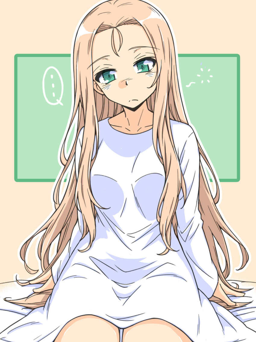 ... 1girl alternate_costume arms_behind_back bed_sheet blonde_hair breasts dress girls_und_panzer green_eyes hands_on_ground highres long_hair long_sleeves marie_(girls_und_panzer) messy_hair on_bed renshiu sitting sleepwear sleepy white_dress