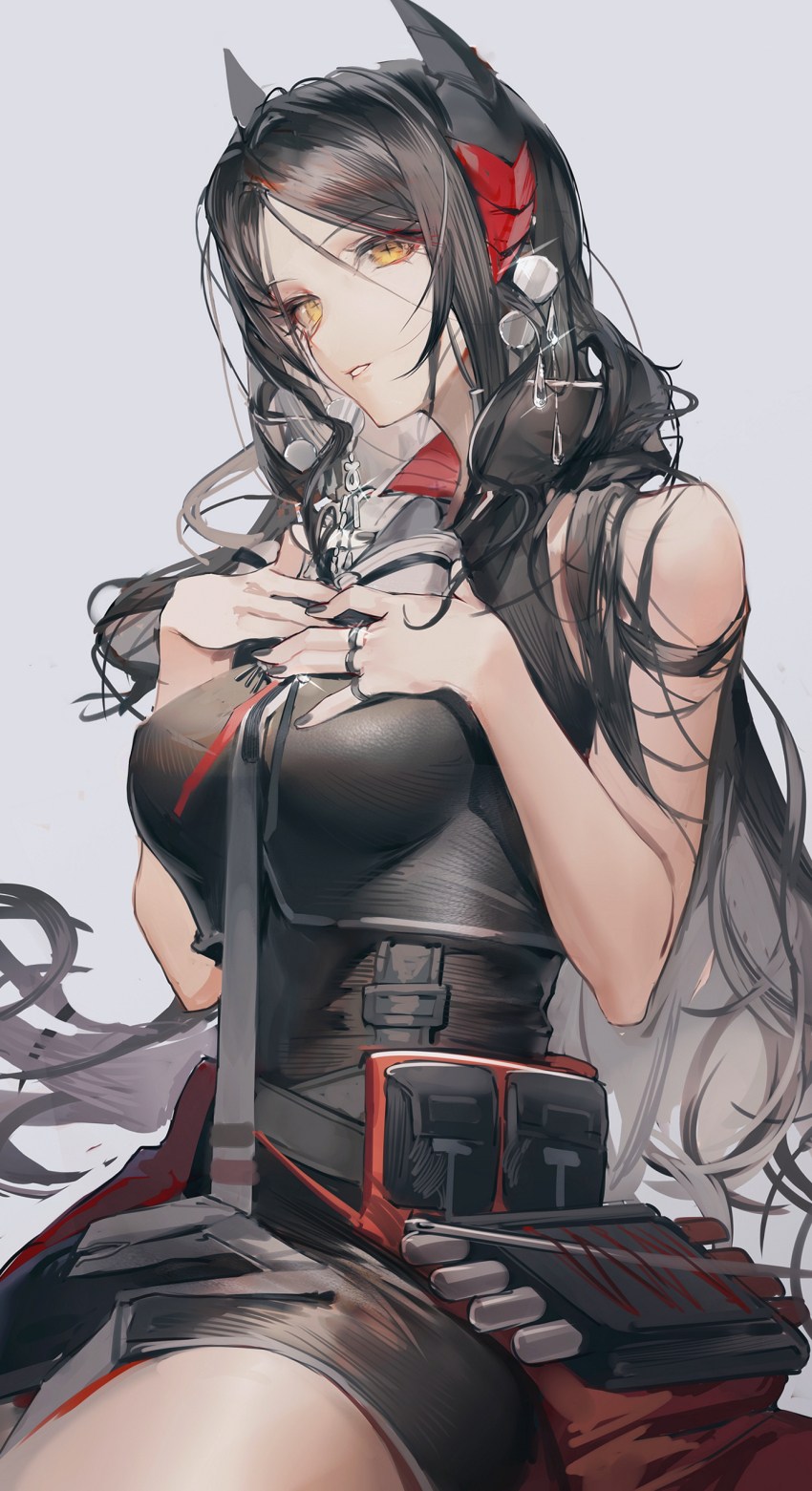 1girl absurdres arknights bare_shoulders black_dress black_hair breasts commentary cowboy_shot cross-shaped_pupils dress eboda-x english_commentary grey_background hands_on_own_chest highres horns ines_(arknights) jewelry large_breasts long_hair looking_at_viewer multiple_rings parted_lips pouch ring simple_bat sleeveless sleeveless_dress solo symbol-shaped_pupils yellow_eyes
