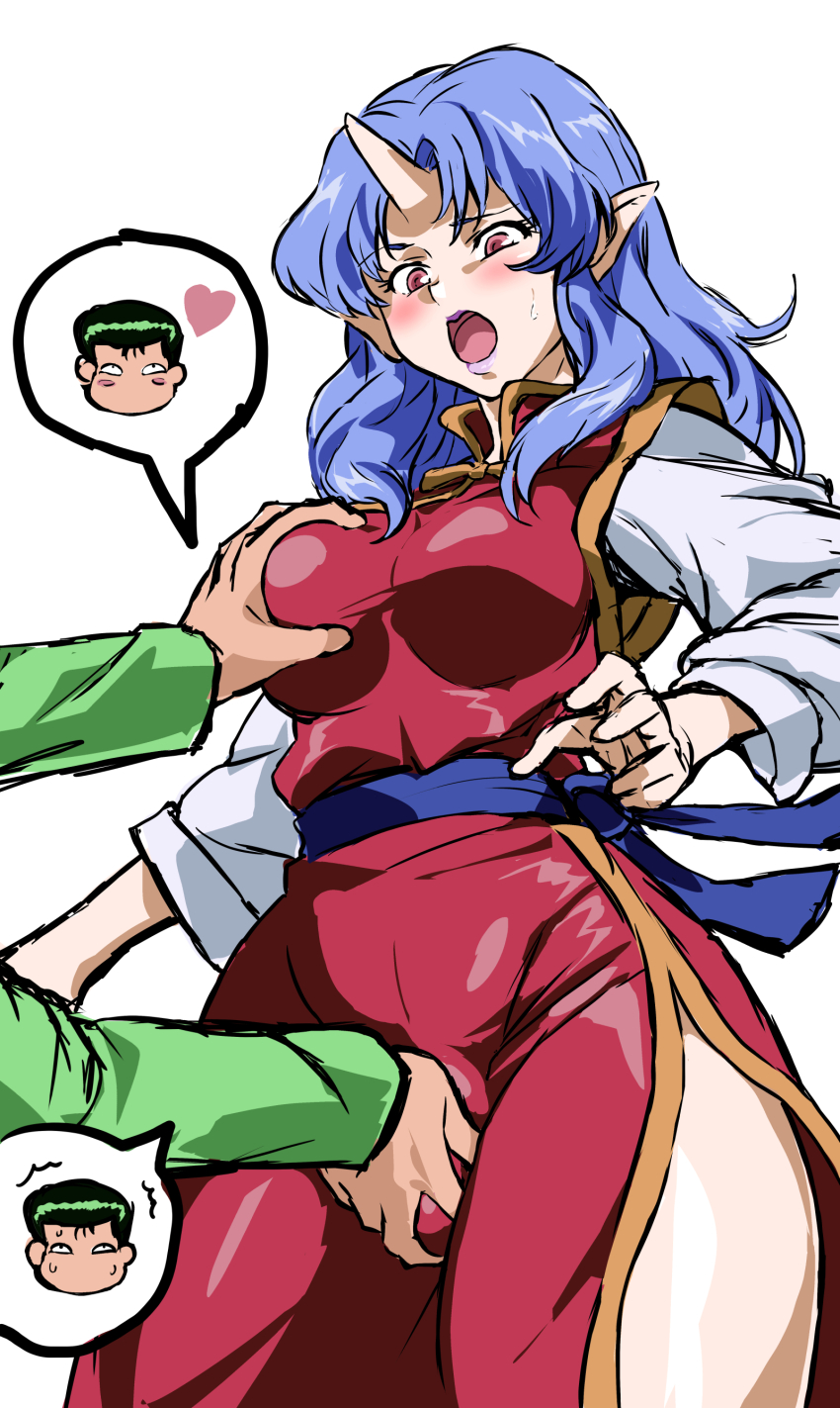 2boys absurdres androgynous angry bare_legs blue_footwear blue_hair breasts china_dress chinese_clothes crossdressing curvy demon demon_girl demon_horns disgust dress embarrassed forced grabbing_another&#039;s_breast groping hetero highres horns large_breasts legs long_hair looking_at_viewer mamesi_(suhk8583) miyuki_(yuu_yuu_hakusho) moaning multiple_boys nervous_smile pale_skin pervert pointy_ears purple_hair purple_lips qipao_dress red_dress red_eyes ribbon sash side_slit single_horn slippers smile standing surprised sweat thighs trap urameshi_yuusuke white_background wide_hips yuu_yuu_hakusho