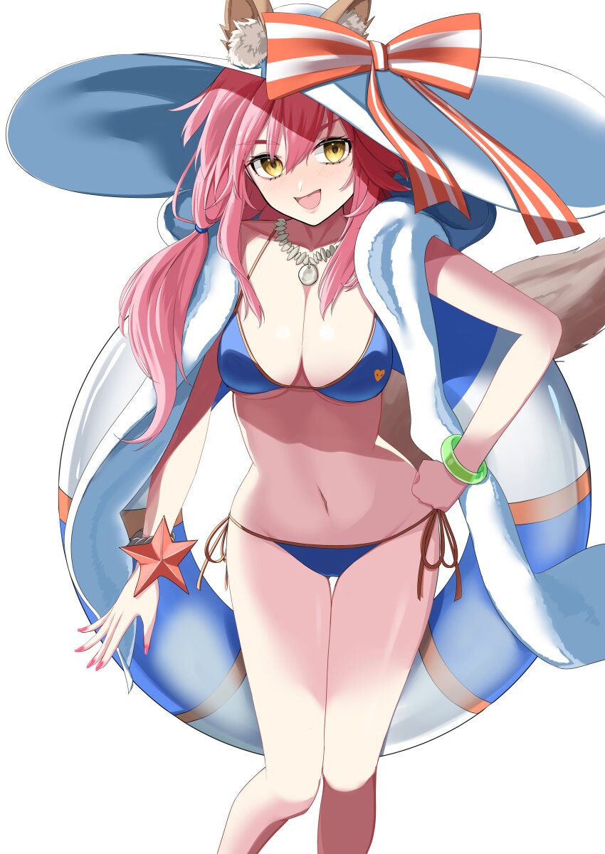 1girl absurdres animal_ear_fluff animal_ears bare_shoulders bikini blue_bikini blush bracelet breasts cleavage collarbone fate/grand_order fate_(series) fox_ears fox_girl fox_tail hat highres innertube jewelry large_breasts long_hair looking_at_viewer navel necklace nigori_(keydoor) open_mouth pink_hair sidelocks smile solo sun_hat swim_ring swimsuit tail tamamo_(fate) tamamo_no_mae_(fate) tamamo_no_mae_(swimsuit_lancer)_(fate) tamamo_no_mae_(swimsuit_lancer)_(second_ascension)_(fate) thighs white_hat yellow_eyes