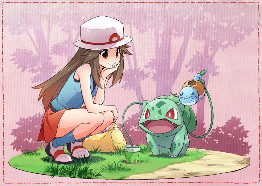 1girl absurdres bag brown_eyes brown_hair bulbasaur commentary_request full_body gen_1_pokemon grass hat highres jii_(seiga7099526) leaf_(pokemon) nintendo pokemon pokemon_(creature) pokemon_frlg red_skirt shirt sitting skirt sleeveless sleeveless_shirt smile squirt_bottle_(pokemon) squirtle sun_hat tree watering_can