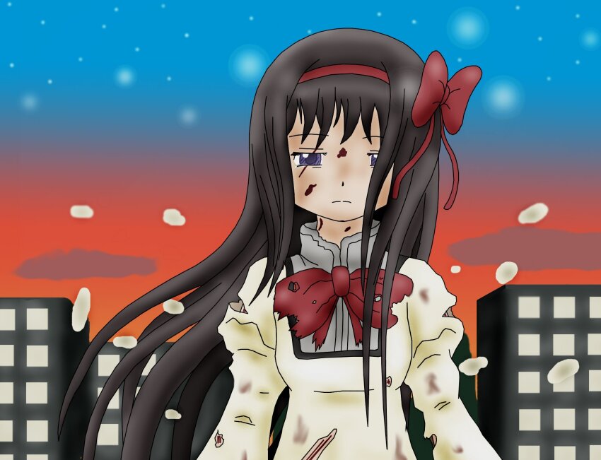 1girl akemi_homura black_hair blood blood_on_clothes blood_on_face blood_stain building cuts headband highres injury long_hair mahou_shoujo_madoka_magica majka626 mitakihara_school_uniform night red_headband school_uniform solo star_(sky) torn_clothes urban