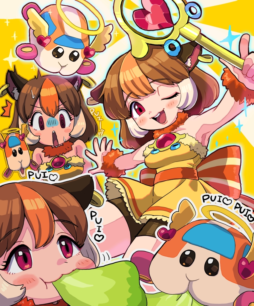 1girl :3 animal_ears back_bow bare_shoulders black_eyes blush_stickers bow brown_hair buck_teeth closed_mouth commentary_request dress dress_bow earrings eating food fur-trimmed_dress fur_trim guinea_pig guinea_pig_girl halo heart highres holding holding_wand jewelry lettuce looking_at_viewer magical_angel_molcar magical_girl minami_(mnm-kyk) molcar morumi motor_vehicle multicolored_hair open_mouth orange_bow orange_hair orange_scrunchie pui_pui_molcar red_eyes scrunchie short_hair simple_background sleeveless sleeveless_dress sparkle streaked_hair surprised teeth wand wheel white_background white_hair wings wrist_scrunchie yellow_background yellow_dress yellow_halo