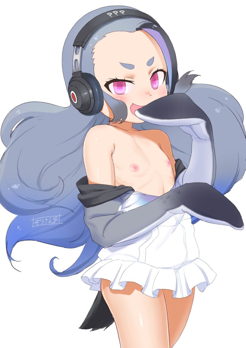 1girl bird_tail black_hair blue_hair blush empty_eyes flat_chest forehead giant_penguin_(kemono_friends) gradient_hair grey_hair hand_to_own_mouth hand_up headphones highres hood hood_down hooded_jacket jacket kemono_friends kemono_friends_3 long_hair long_sleeves looking_at_viewer masuyama_ryou multicolored_hair nipples no_bra off_shoulder open_mouth penguin_girl penguin_tail pink_eyes protected_link short_eyebrows simple_background smile smug solo tail very_long_hair white_background
