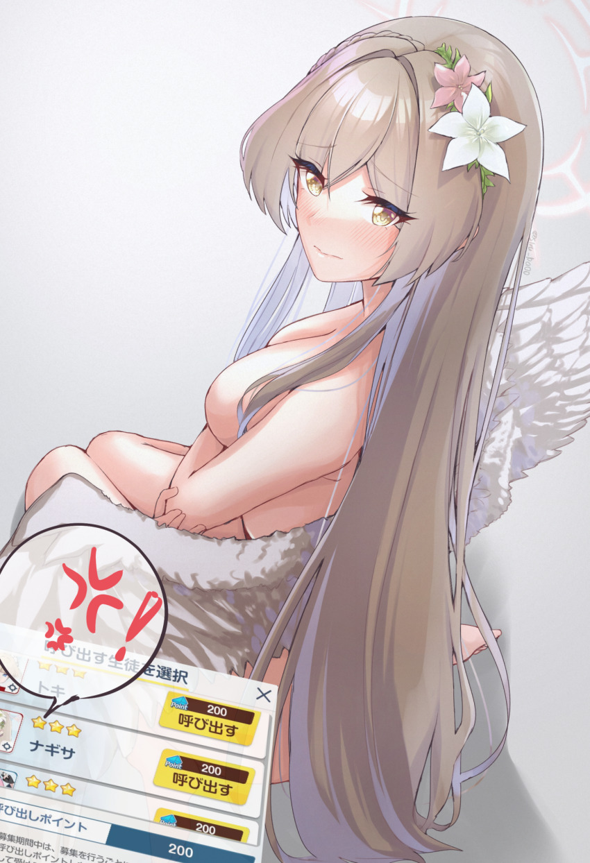 1girl angry blue_archive breasts brown_hair closed_mouth embarrassed flower hair_flower hair_ornament highres kagin_(kagou_shita_nanika) kneeling large_breasts long_hair looking_at_viewer looking_to_the_side nagisa_(blue_archive) nude simple_background solo white_background white_wings wings yellow_eyes