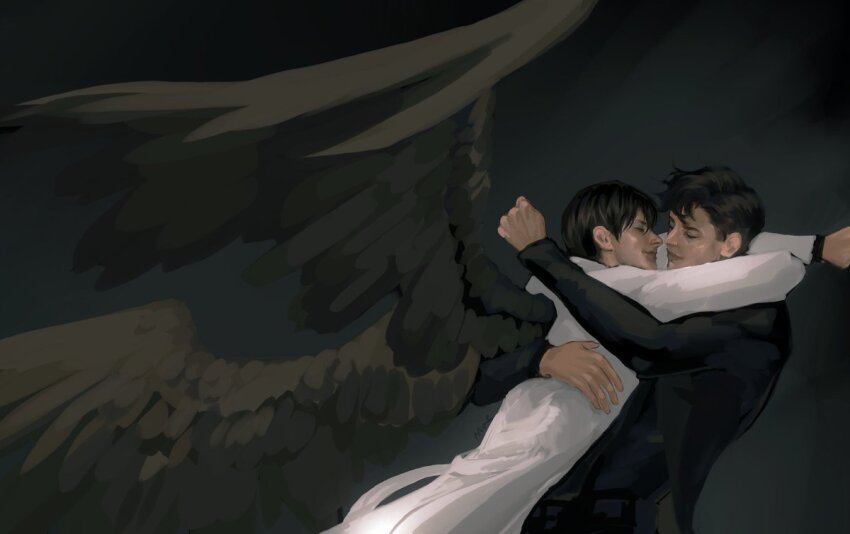 2boys arm_around_back arms_around_neck black_background black_coat black_hair black_wings clenched_hand closed_eyes coat falling feathered_wings hug implied_yaoi kim_dokja looking_at_another macaronijail multiple_boys omniscient_reader&#039;s_viewpoint short_hair smile upper_body white_coat wings yoo_joonghyuk