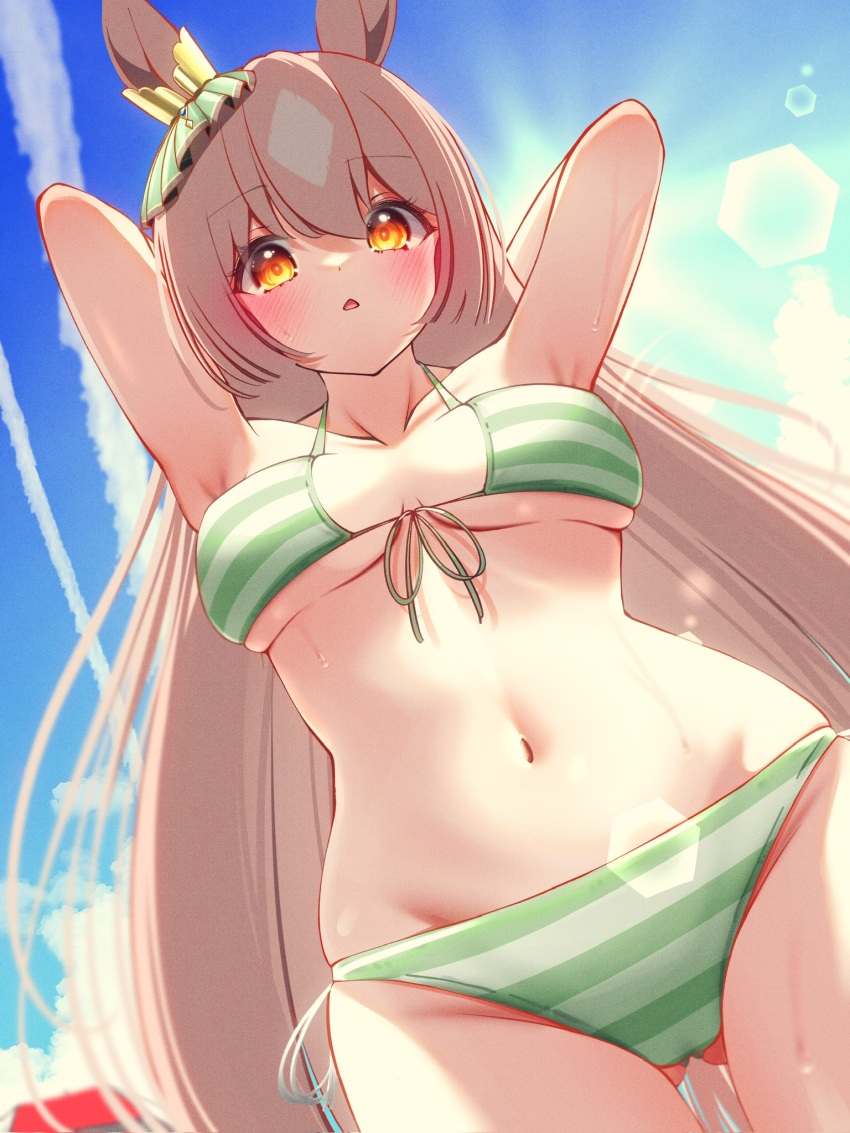 1girl alternate_costume animal_ears armpits arms_up beach beach_umbrella bikini blue_sky blush brown_hair chestnut_mouth cloud cloudy_sky commentary_request day ear_ornament front-tie_bikini_top front-tie_top gluteal_fold green_bikini groin hair_between_eyes highres horse_ears horse_girl horse_tail lens_flare long_hair looking_at_viewer multicolored_hair navel outdoors ponta_(1859ysmssstsp) satono_diamond_(umamusume) side-tie_bikini_bottom sky solo stomach streaked_hair striped_bikini striped_clothes swimsuit tail umamusume umbrella white_hair yellow_eyes